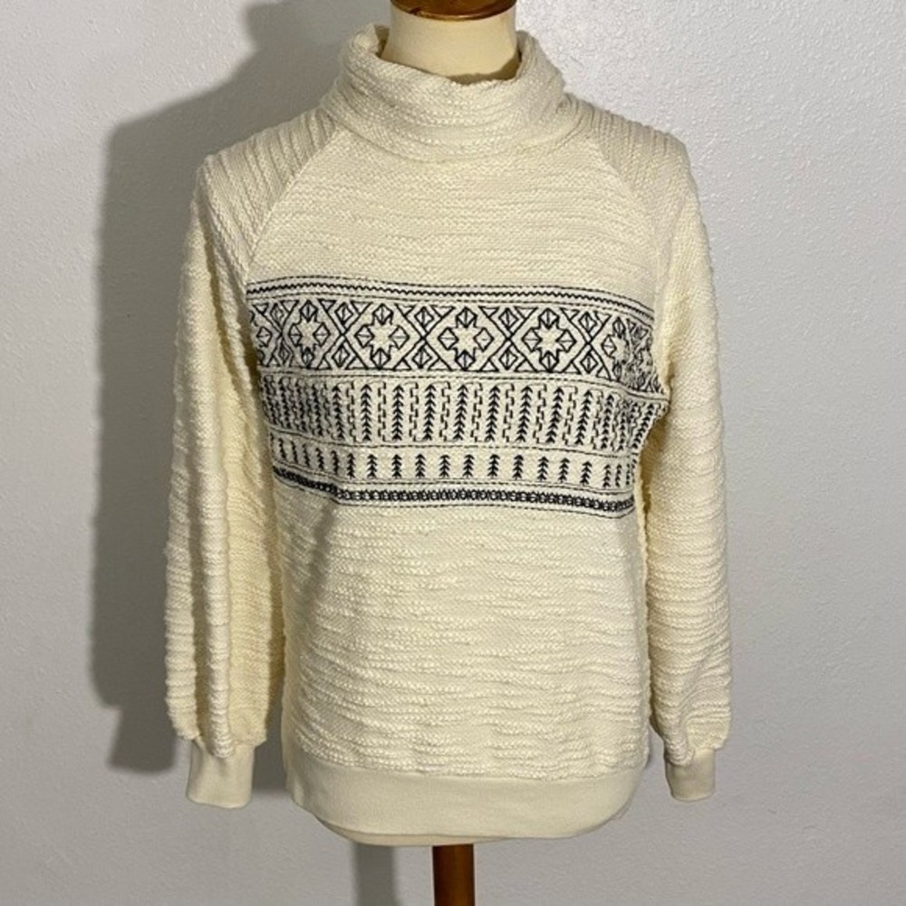 Lucky Brand Pullover Turtleneck Sweater Women’s Size S Cream Black Embroidered